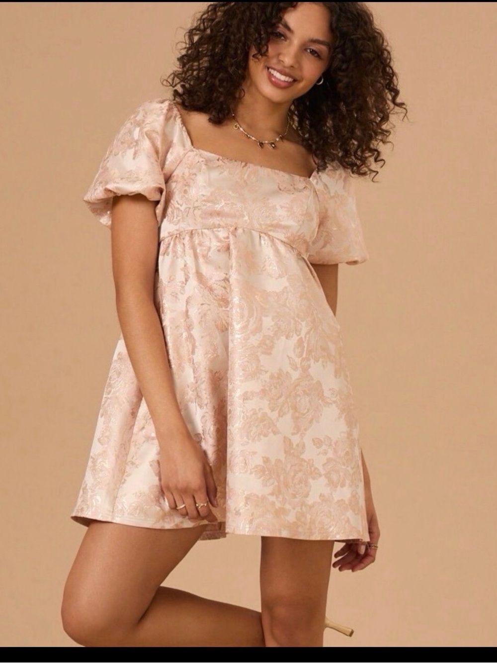 Altar'd State Fiona Jacquard Mini Dress babydoll with short puff sleeves